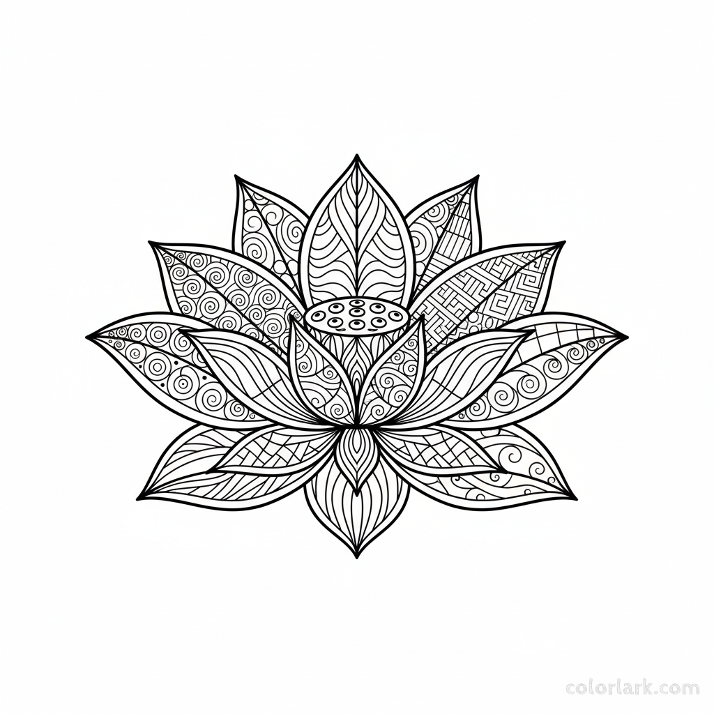 Black and white Zentangle inspired lotus bloom art pattern with intricate abstract designs.