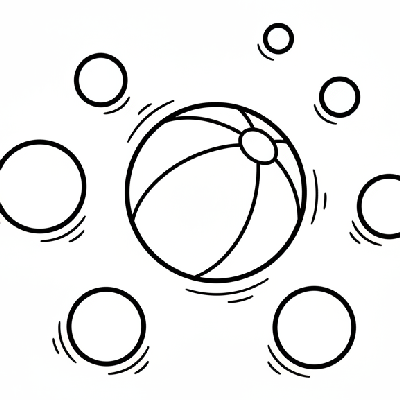 A black-and-white line art illustration showing seven bouncy purple balls, ideal for a number 7 counting and coloring activity.