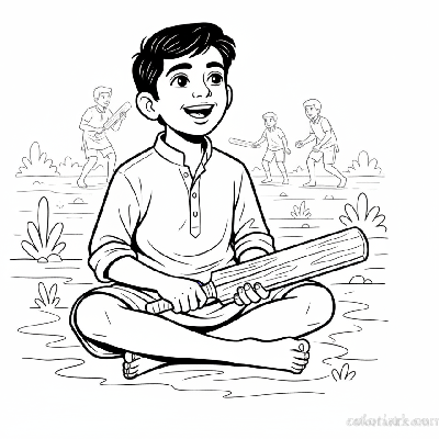 Cheerful Indian boy sitting on village ground, holding a cricket bat, patiently waiting for his turn to bat.