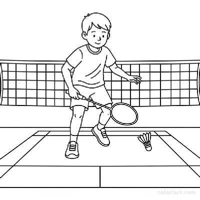 Black and white line art of a child practicing forward footwork for badminton net shots.