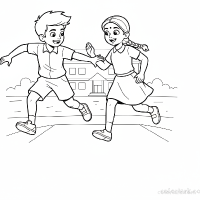 Line art of two Indian children playing Kho-Kho, one chasing the other on a school ground.