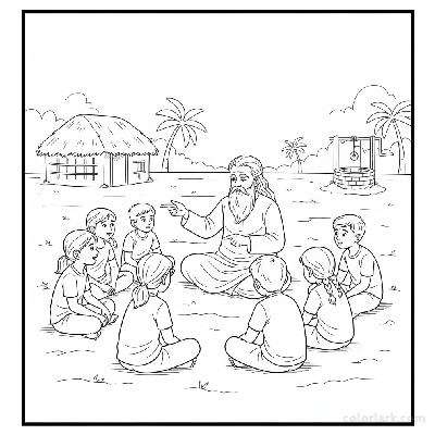 Line art of Indian village children sitting on an open field, listening to an elder explain kabaddi rules.