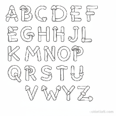 Black and white line art of the entire alphabet, where each letter is creatively formed by simple mushroom shapes, for coloring.
