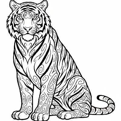 Free printable Indian Tiger coloring page with intricate tribal patterns.