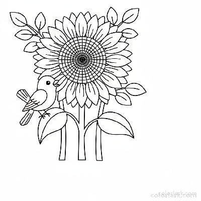 Black and white line art of a sunflower with a bluebird perched on a branch