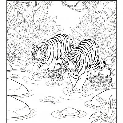 Black and white line art of a tiger family crossing a shallow riverbed in India