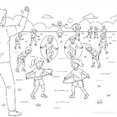 Line art of an outdoor exercise class with hula hoops and skipping ropes