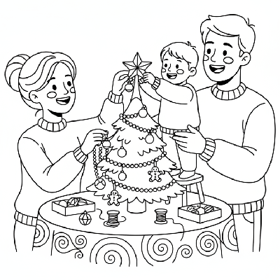 Line art of a family decorating a small tabletop Christmas tree together.