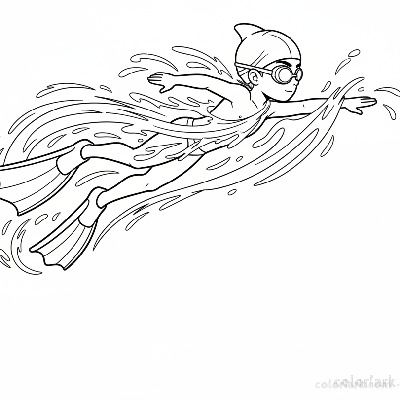 Black and white line art of a child practicing freestyle with flippers in a pool, wearing a swim cap and goggles.