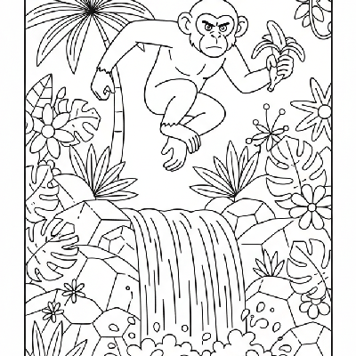 Line art of a monkey mid-leap over the cascading water of a small waterfall, holding a banana.
