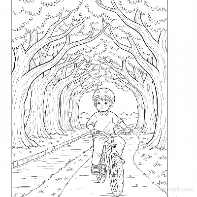 Black and white line art coloring page of a child with a helmet, riding a bicycle on a shady canal bank path.