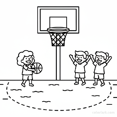 Simple line art of an Indian street basketball court with one child and two cheering friends.