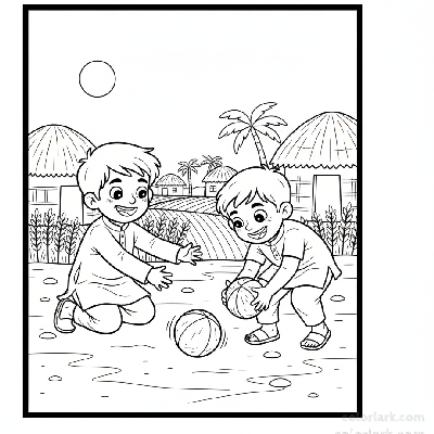 Two happy Indian children on a village ground, practicing fielding drills, one rolling a ball, the other scooping it.
