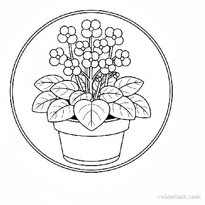 Black and white line art of a simple African violet plant in a round pot with flower clusters and fuzzy, heart-shaped leaves.