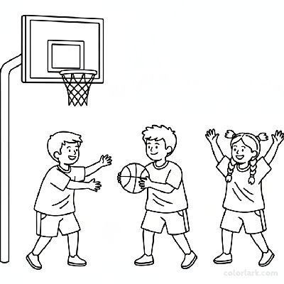 Simple line art outline of Indian street basketball players and a cheering friend, for beginners.