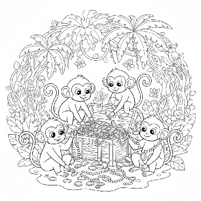 Black and white line art of curious monkeys investigating a lost treasure chest in an Indian jungle
