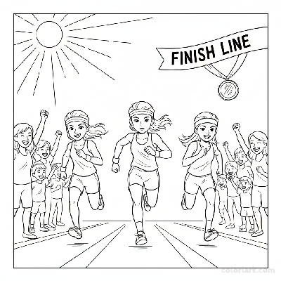 Line art of young girls sprinting towards a finish line with a 'gold medal' motif, cheered by a crowd