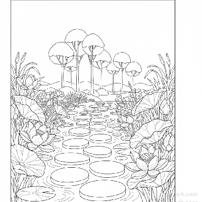 Black and white line art of a winding garden path through a lush lotus garden.