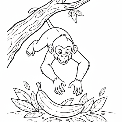 Black and white line art of a monkey making a swift pounce from a high tree branch towards a banana on the jungle floor.