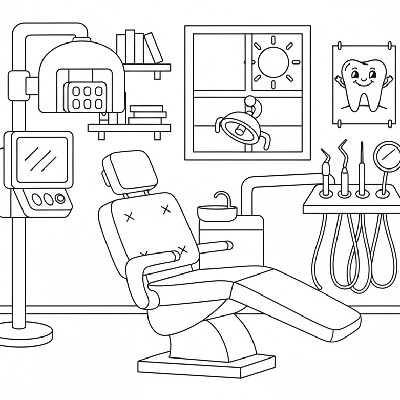 Black and white line art of a dentist's office with a chair, tools, and X-ray machine, all composed of circles, squares, and triangles for shape recognition.