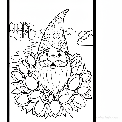 Line art illustration of a friendly garden gnome peeking from behind blooming tulips