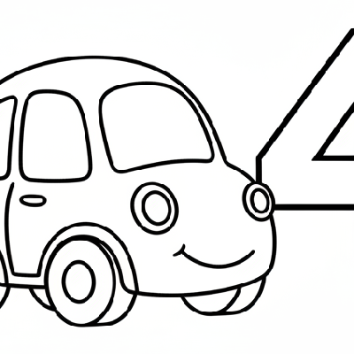 Black and white line art coloring page of a car showing four wheels, with the number 4.
