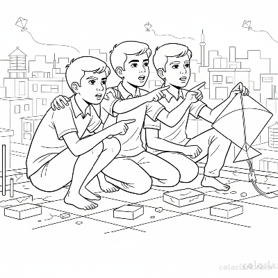 Line art of Indian boys strategizing kite battle moves on an Indian city rooftop, for coloring.
