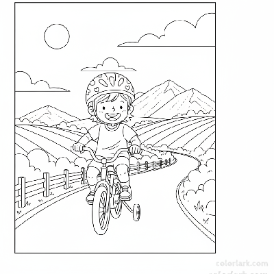 Black and white line art coloring page of a happy child with a helmet, riding a bicycle on a smooth hillside road.