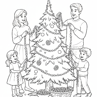 Black and white line art of a family collaborating to string popcorn and cranberry garland on a rustic Christmas tree.