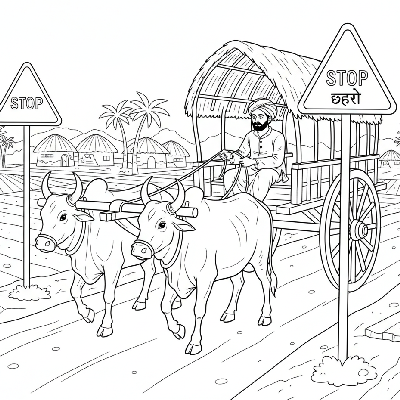 Coloring page of a bullock cart stopping at an Indian Stop sign on a village road.