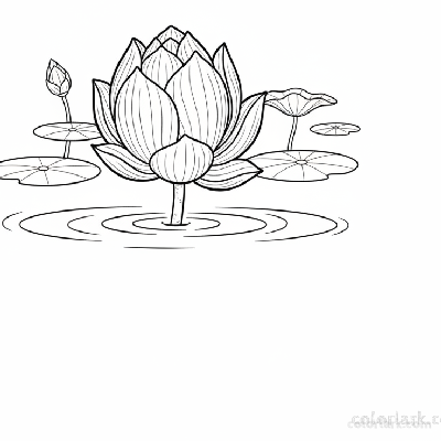 Black and white line art of a graceful lotus bud floating on water, beginning to open.