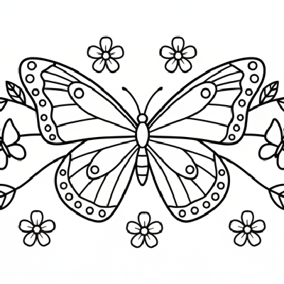 Black and white line art of a charming butterfly Rakhi with delicate wings and floral accents for nature lovers to color.