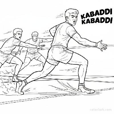 Black and white line art of an Indian Kabaddi player making a swift retreat, chanting 'Kabaddi Kabaddi'.