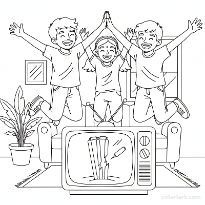 Black and white line art of joyful Indian children celebrating a wicket fall with high-fives while watching a cricket match on TV.