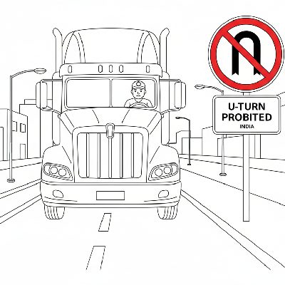 Coloring page of a truck driver following an Indian U-Turn Prohibited sign.