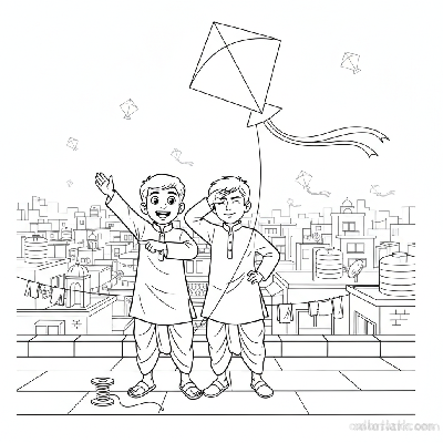 Line art of Indian boys waving to distant kite flyers from their Indian city rooftop, for coloring.