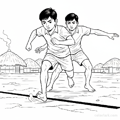 Black and white line art of an Indian village boy, a kabaddi raider, sprinting and kicking up dust towards the midline on an open field.