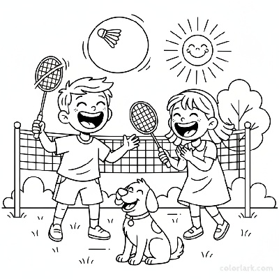 Line art of kids laughing during a badminton game in a backyard.