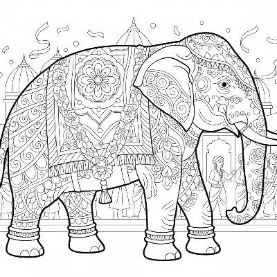 Black and white line art of an Indian elephant decorated with floral patterns, walking in a parade.