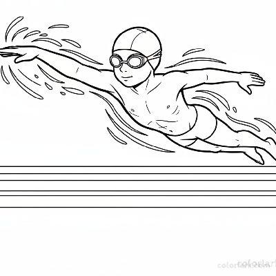 Black and white line art of a child demonstrating a freestyle backstroke crossover in a pool, wearing a swim cap and goggles.
