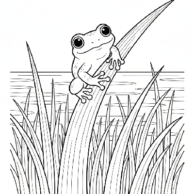 Black and white line art of an adorable frog perched on salt marsh grass.
