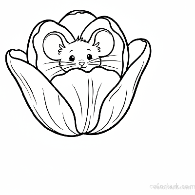 Line art illustration of a friendly mouse peeking from behind a tulip flower