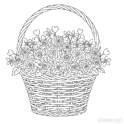 Black and white line art of a simple wicker basket overflowing with a variety of seasonal Indian flowers.