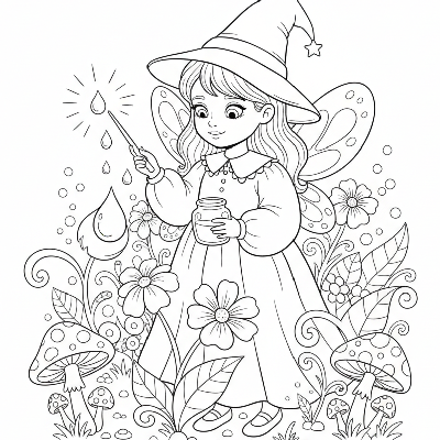 Black and white line art of a little girl in a fairy-witch costume collecting dewdrops in a jar, Halloween coloring page.
