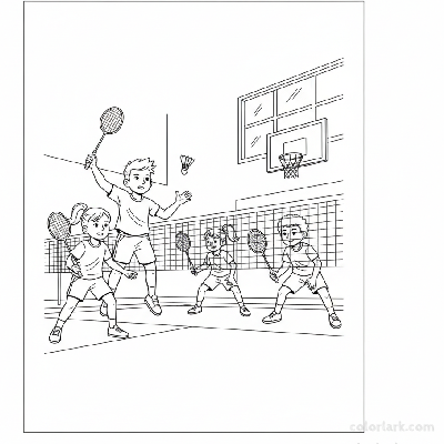 Four children playing doubles badminton, one serving the shuttlecock in a school gymnasium.