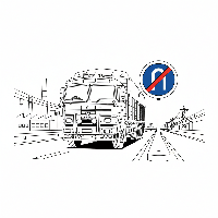 Black and white line art of an Indian cargo truck driving straight, respecting an Indian u-turn prohibited sign.