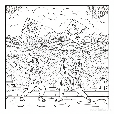Line art of two Indian boys with kites against an Indian monsoon cloud sky on a city rooftop, for coloring.