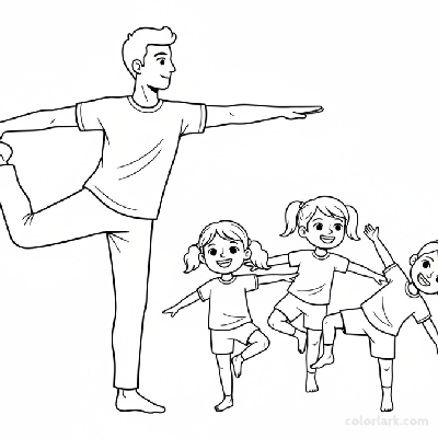 Line art of kids practicing Dancer Pose for balance with a yoga teacher.