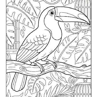 Line art of a vibrant toucan with a large bill perched on a sturdy branch in a tropical zoo aviary.