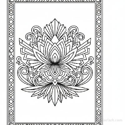 Black and white line art of a stylized Art Deco lotus flower design.